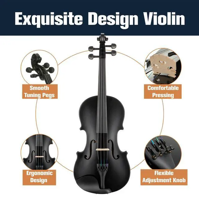 Alt view image 5 of 7 - Violin 4/4 Full Size Kit For Beginners - Hand Carved Acoustic Violins Set - Fiddle Solid Wood Kit with Hard Case, Bow, Rosin, Shoulder Rest, Bridge and Extra Strings (Black)