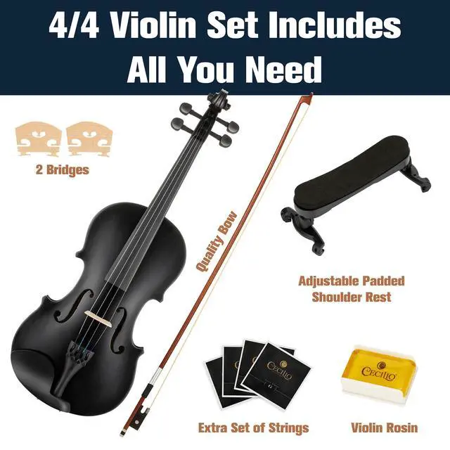 Alt view image 6 of 7 - Violin 4/4 Full Size Kit For Beginners - Hand Carved Acoustic Violins Set - Fiddle Solid Wood Kit with Hard Case, Bow, Rosin, Shoulder Rest, Bridge and Extra Strings (Black)