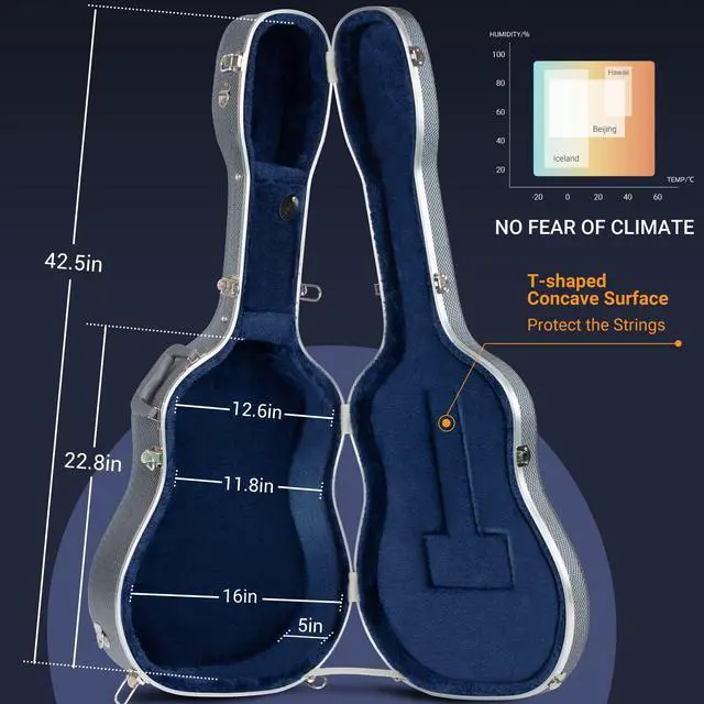 Alt view image 3 of 7 - Acoustic Guitar Case ABS Waterproof Hard Case 41 Inch Gig Bag 0.6 Inch Thick Padding for Acoustic Classical Guitars, Navy CY0247