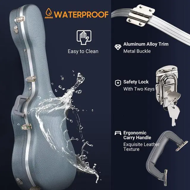 Alt view image 4 of 7 - Acoustic Guitar Case ABS Waterproof Hard Case 41 Inch Gig Bag 0.6 Inch Thick Padding for Acoustic Classical Guitars, Navy CY0247