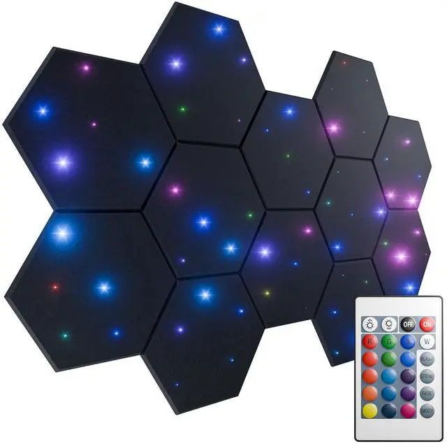 Main image of 12 Pack Self-adhesive Sound Proof Foam Panels for Walls 12" X 10" X 0.4" - Hexagon Acoustic Panels with Fiber Optic Starlight, Stylish Soundproof Wall Panels Absorb Noise and Wall Decor Black