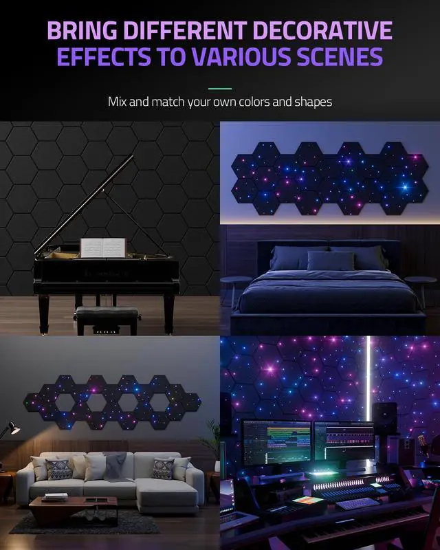 Alt view image 4 of 7 - 12 Pack Self-adhesive Sound Proof Foam Panels for Walls 12" X 10" X 0.4" - Hexagon Acoustic Panels with Fiber Optic Starlight, Stylish Soundproof Wall Panels Absorb Noise and Wall Decor Black