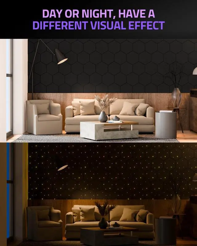 Alt view image 3 of 7 - 12 Pack Self-adhesive Sound Proof Foam Panels for Walls 12" X 10" X 0.4" - Hexagon Acoustic Panels with Fiber Optic Starlight, Stylish Soundproof Wall Panels Absorb Noise and Wall Decor Black