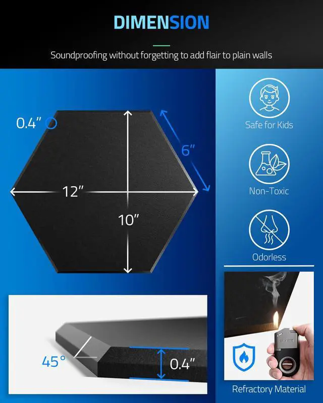 Alt view image 6 of 7 - 12 Pack Self-adhesive Sound Proof Foam Panels for Walls 12" X 10" X 0.4" - Hexagon Acoustic Panels with Fiber Optic Starlight, Stylish Soundproof Wall Panels Absorb Noise and Wall Decor Black