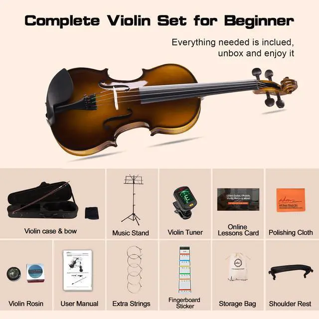 Alt view image 2 of 7 - Acoustic Violin for Beginner 4/4 Full Size Violin Set Solid Wood Ebony for Adult Teen Student Starter Kit with Hard Case, Shoulder Rest, Bow, Music Stand, Strings, Free Lessons (Coffee, 4/4 Size)
