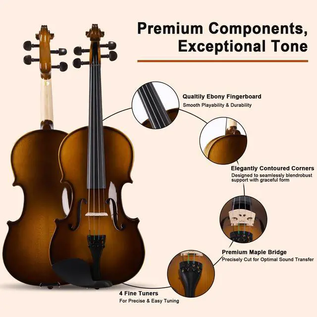 Alt view image 4 of 7 - Acoustic Violin for Beginner 4/4 Full Size Violin Set Solid Wood Ebony for Adult Teen Student Starter Kit with Hard Case, Shoulder Rest, Bow, Music Stand, Strings, Free Lessons (Coffee, 4/4 Size)