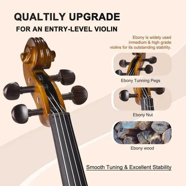 Alt view image 3 of 7 - Acoustic Violin for Beginner 4/4 Full Size Violin Set Solid Wood Ebony for Adult Teen Student Starter Kit with Hard Case, Shoulder Rest, Bow, Music Stand, Strings, Free Lessons (Coffee, 4/4 Size)