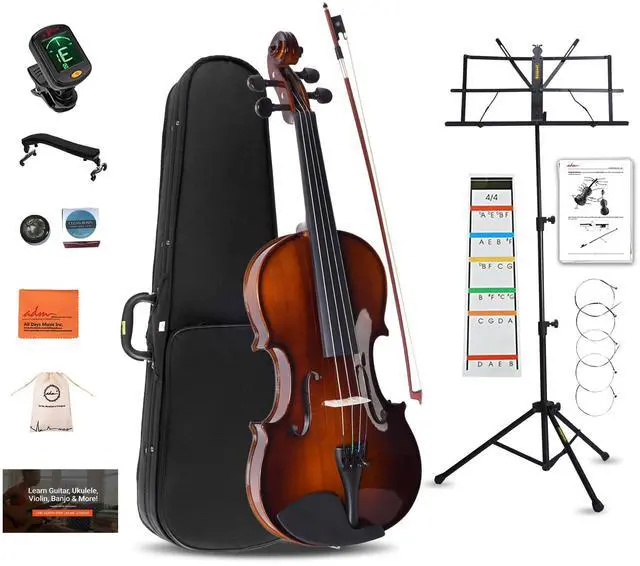 Main image of Acoustic Violin for Beginner 4/4 Full Size Violin Set Solid Wood for Adult Teen Student Starter Kit with Hard Case, Tuner, Shoulder Rest, Bow, Music Stand, Strings, Free Lessons, Black Brown