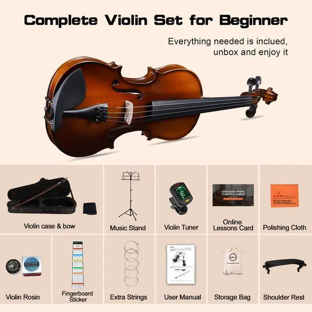 Alt view image 2 of 7 - Acoustic Violin for Beginner 4/4 Full Size Violin Set Solid Wood for Adult Teen Student Starter Kit with Hard Case, Tuner, Shoulder Rest, Bow, Music Stand, Strings, Free Lessons, Black Brown