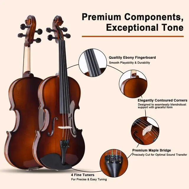 Alt view image 4 of 7 - Acoustic Violin for Beginner 4/4 Full Size Violin Set Solid Wood for Adult Teen Student Starter Kit with Hard Case, Tuner, Shoulder Rest, Bow, Music Stand, Strings, Free Lessons, Black Brown