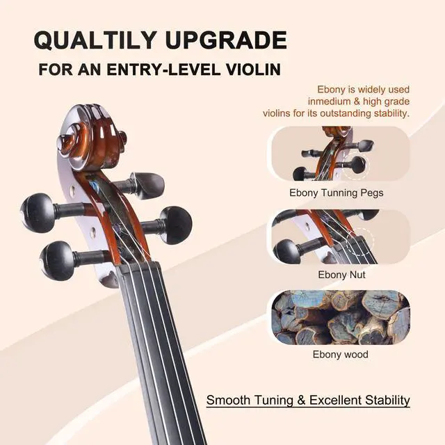 Alt view image 3 of 7 - Acoustic Violin for Beginner 4/4 Full Size Violin Set Solid Wood for Adult Teen Student Starter Kit with Hard Case, Tuner, Shoulder Rest, Bow, Music Stand, Strings, Free Lessons, Black Brown