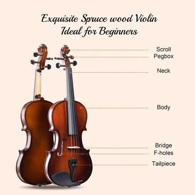 Alt view image 7 of 7 - Acoustic Violin for Beginner 4/4 Full Size Violin Set Solid Wood for Adult Teen Student Starter Kit with Hard Case, Tuner, Shoulder Rest, Bow, Music Stand, Strings, Free Lessons, Black Brown