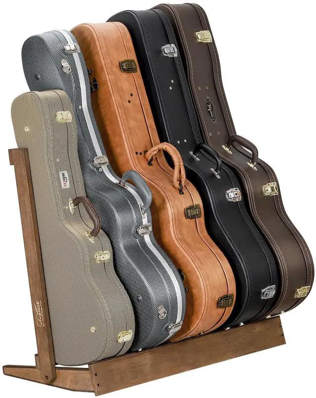 Main image of Wood Guitar Case Rack, Holds 5 Cases, 18mm Thick Plank | Fits hard shell & gig cases, Heavy-duty upright support, Prevents tipping & sliding, Quick home studio setup