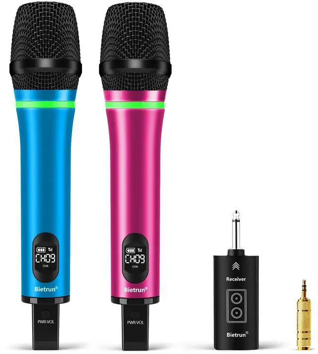 Main image of Rechargeable Wireless Microphone, Dual Metal Cordless Handheld Dynamic Wireless Mics with Bluetooth, UHF 240FT Range, for 1/4'',1/8''Output,PA System,Dj,Mixer,Church(BluePink)