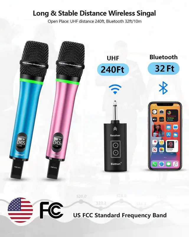 Alt view image 2 of 7 - Rechargeable Wireless Microphone, Dual Metal Cordless Handheld Dynamic Wireless Mics with Bluetooth, UHF 240FT Range, for 1/4'',1/8''Output,PA System,Dj,Mixer,Church(BluePink)