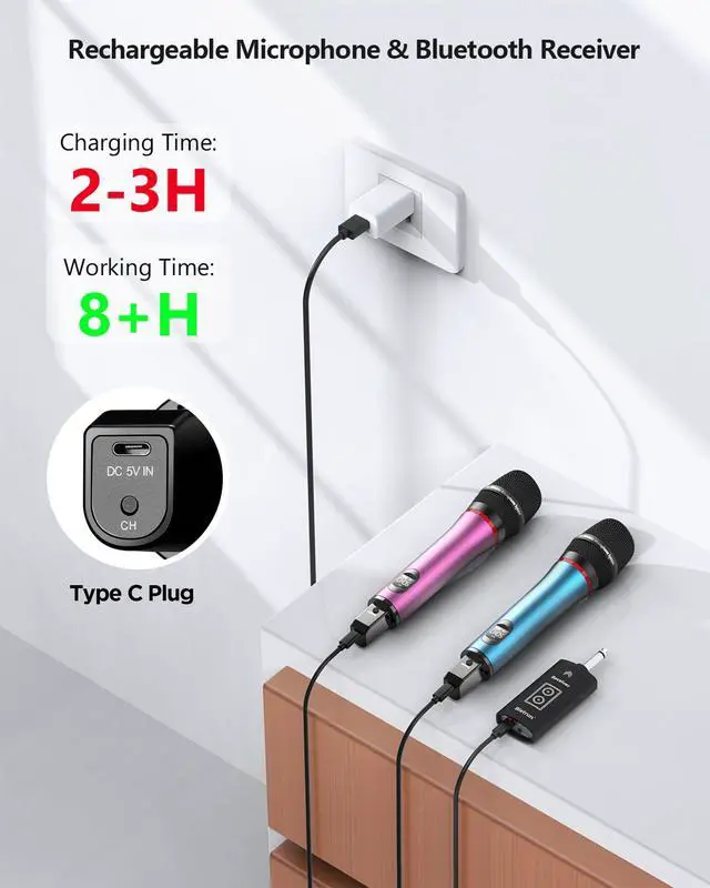 Alt view image 3 of 7 - Rechargeable Wireless Microphone, Dual Metal Cordless Handheld Dynamic Wireless Mics with Bluetooth, UHF 240FT Range, for 1/4'',1/8''Output,PA System,Dj,Mixer,Church(BluePink)