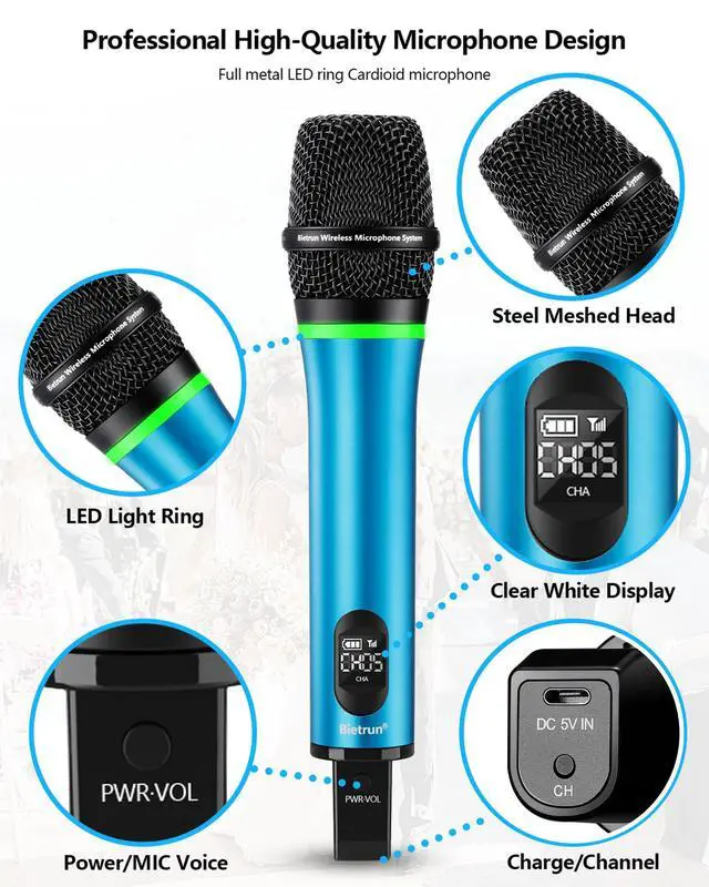 Alt view image 5 of 7 - Rechargeable Wireless Microphone, Dual Metal Cordless Handheld Dynamic Wireless Mics with Bluetooth, UHF 240FT Range, for 1/4'',1/8''Output,PA System,Dj,Mixer,Church(BluePink)