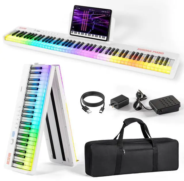 Main image of Foldable 88-Key Piano Keyboard with Colorful Lighted Keys Keyboard Piano | Full Size Semi-Weighted Keys Portable Electric Piano with USB-MIDI, Speakers, Sustain Pedal, Battery for Beginners, Adults