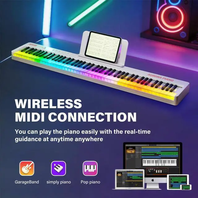 Alt view image 3 of 7 - Foldable 88-Key Piano Keyboard with Colorful Lighted Keys Keyboard Piano | Full Size Semi-Weighted Keys Portable Electric Piano with USB-MIDI, Speakers, Sustain Pedal, Battery for Beginners, Adults