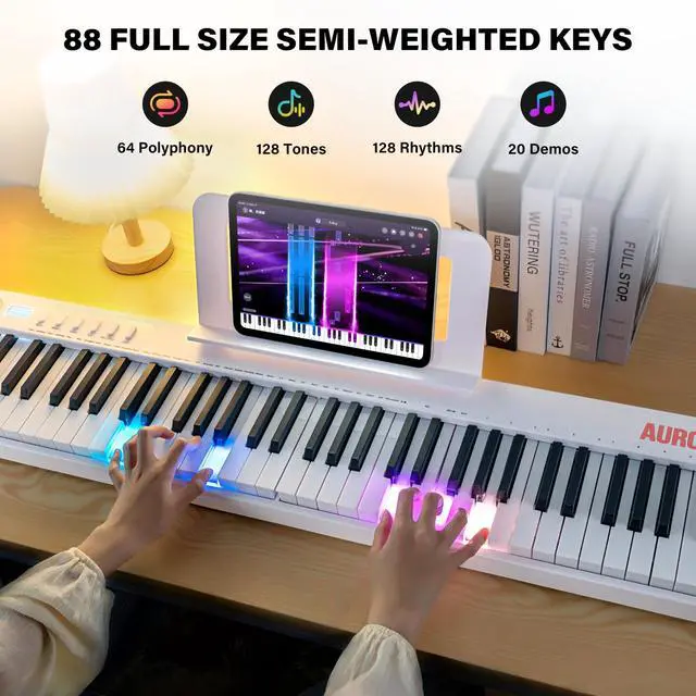 Alt view image 2 of 7 - Foldable 88-Key Piano Keyboard with Colorful Lighted Keys Keyboard Piano | Full Size Semi-Weighted Keys Portable Electric Piano with USB-MIDI, Speakers, Sustain Pedal, Battery for Beginners, Adults