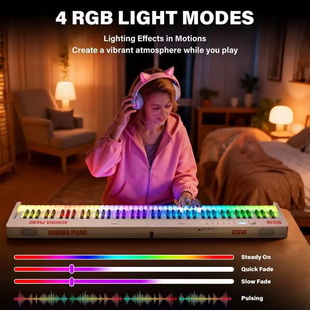 Alt view image 5 of 7 - Foldable 88-Key Piano Keyboard with Colorful Lighted Keys Keyboard Piano | Full Size Semi-Weighted Keys Portable Electric Piano with USB-MIDI, Speakers, Sustain Pedal, Battery for Beginners, Adults