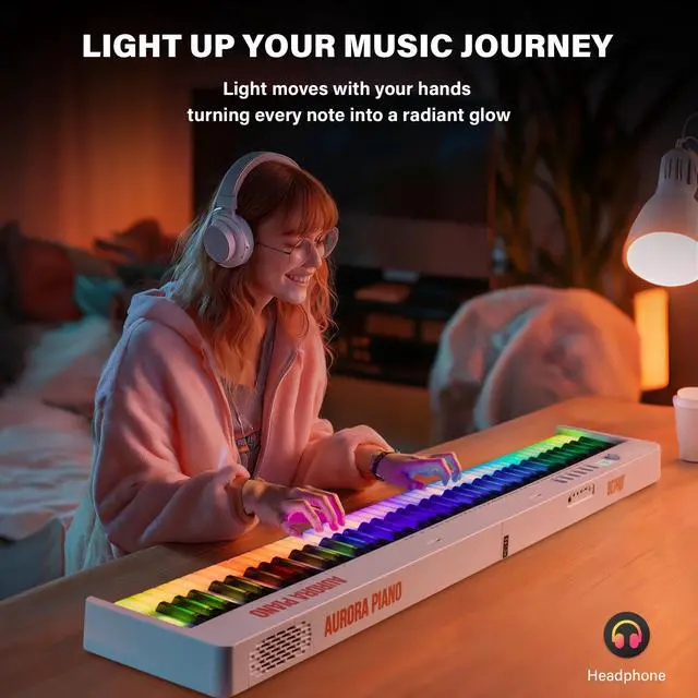 Alt view image 6 of 7 - Foldable 88-Key Piano Keyboard with Colorful Lighted Keys Keyboard Piano | Full Size Semi-Weighted Keys Portable Electric Piano with USB-MIDI, Speakers, Sustain Pedal, Battery for Beginners, Adults