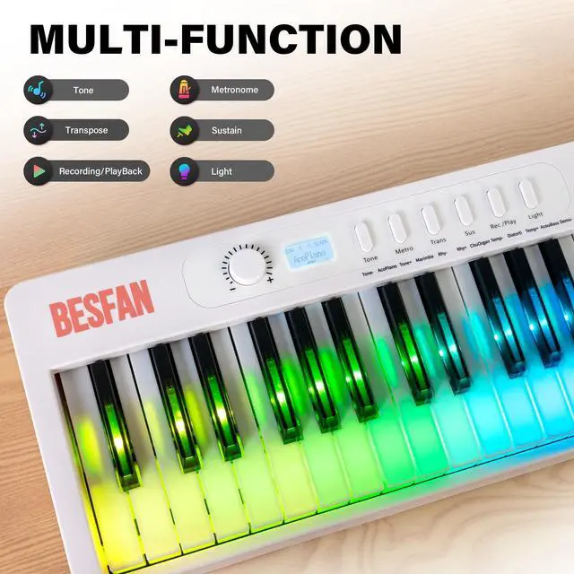 Alt view image 4 of 7 - Foldable 88-Key Piano Keyboard with Colorful Lighted Keys Keyboard Piano | Full Size Semi-Weighted Keys Portable Electric Piano with USB-MIDI, Speakers, Sustain Pedal, Battery for Beginners, Adults