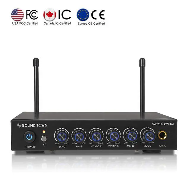 Alt view image 2 of 7 - 100 Channels Wireless Microphone Karaoke Mixer System with 2 Metal Handheld Microphones, Optical (Toslink), AUX, for Smart TV, Home Theater, Sound Bar (SWM16-2MEGA)