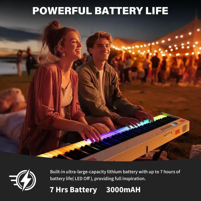 Alt view image 7 of 7 - Foldable 88-Key Piano Keyboard with Colorful Lighted Keys Keyboard Piano | Full Size Semi-Weighted Keys Portable Electric Piano with USB-MIDI, Speakers, Sustain Pedal, Battery for Beginners, Adults