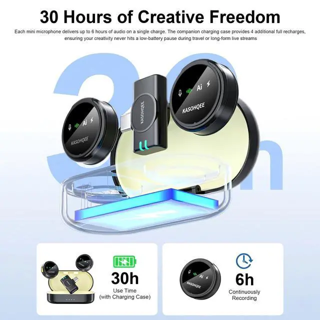 Alt view image 5 of 7 - Wireless Lavalier Microphone for iPhone 17/16/15/14, iPad & Android, Magnetic Clip-on Mini Mic with Charging Case,30H Playtime Plug-Play Lapel Lavalier Mic for Vlog TikTok, AI Noise Reduction