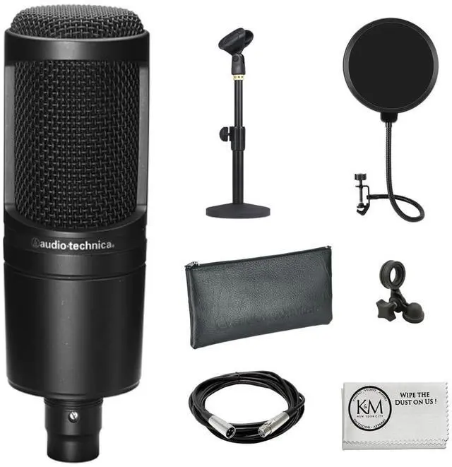Main image of AT2020 Cardioid Condenser Microphone Bundle with Pop Filter + XLR Cable + Microphone Desktop Stand + Microfiber Cleaning Cloth (5 Items)