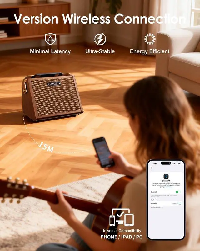 Alt view image 5 of 7 - Crush20 Acoustic Guitar Amp, 20W Mic/Guitar Amplifier with Reverb, 2-Band EQ, Rechargeable 8H Battery Life, Advanced Dual-chip Wireless Portable Speaker for 6.35mm Microphone/Acoustic Guitars