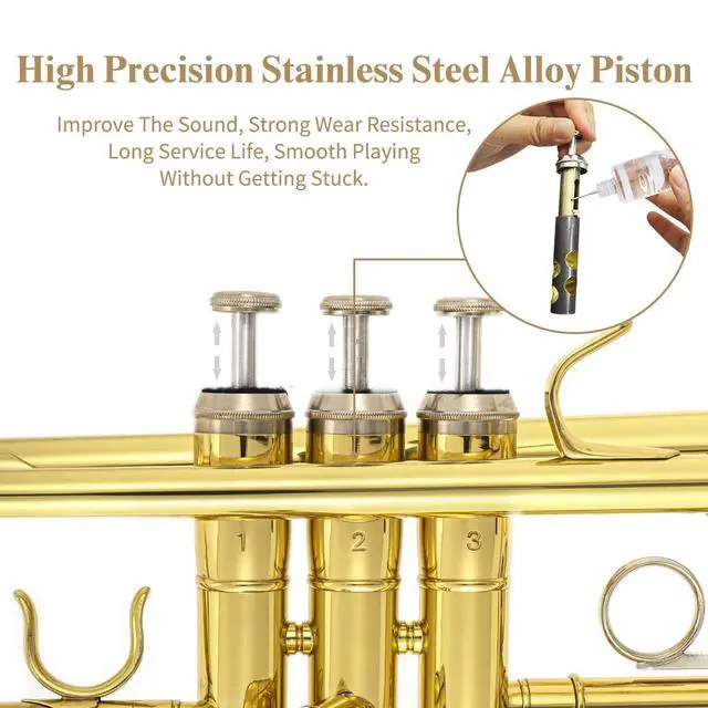 Alt view image 3 of 7 - Trumpet Instrument,Band & Orchestra Musical Instruments for Beginners,With trumpets case,Mouthpiece,Cloth and Gloves (Golden)