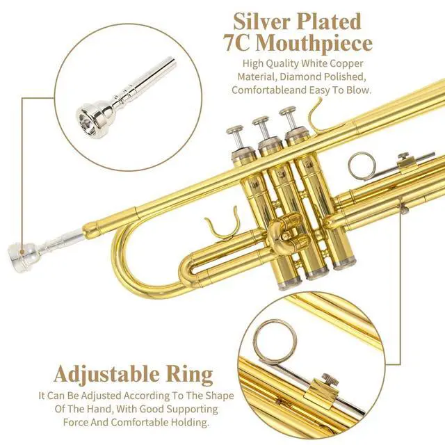 Alt view image 4 of 7 - Trumpet Instrument,Band & Orchestra Musical Instruments for Beginners,With trumpets case,Mouthpiece,Cloth and Gloves (Golden)