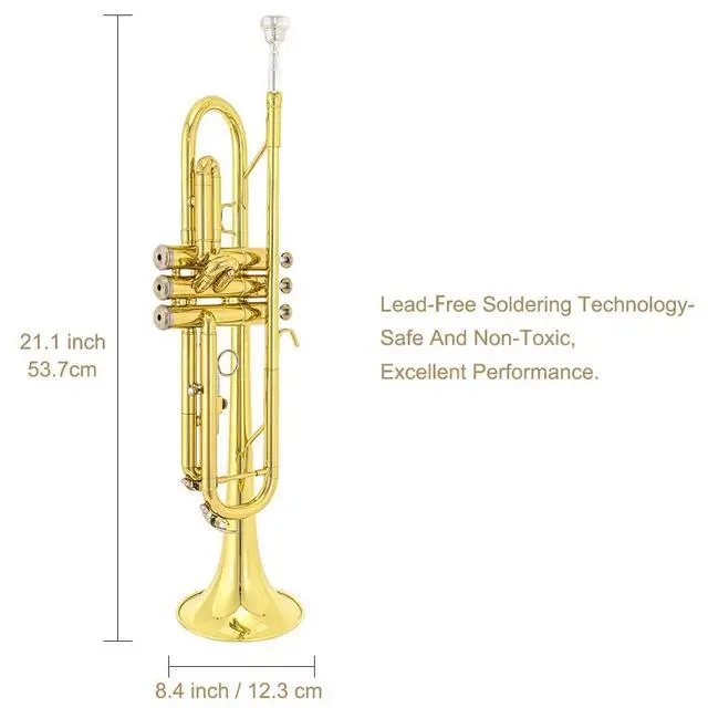 Alt view image 5 of 7 - Trumpet Instrument,Band & Orchestra Musical Instruments for Beginners,With trumpets case,Mouthpiece,Cloth and Gloves (Golden)