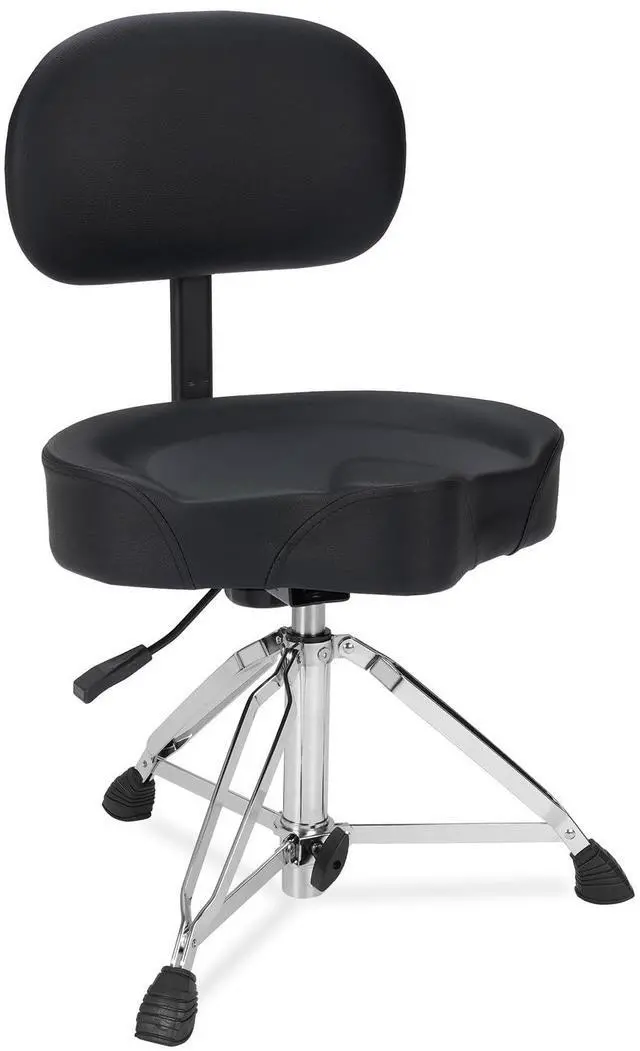 Main image of Hydraulic Drum Throne with Backrest, Saddle Drum Stool, Black | Adjustable backrest, pneumatic height control, padded saddle seat, reinforced tripod provide stable support up to 440 lb