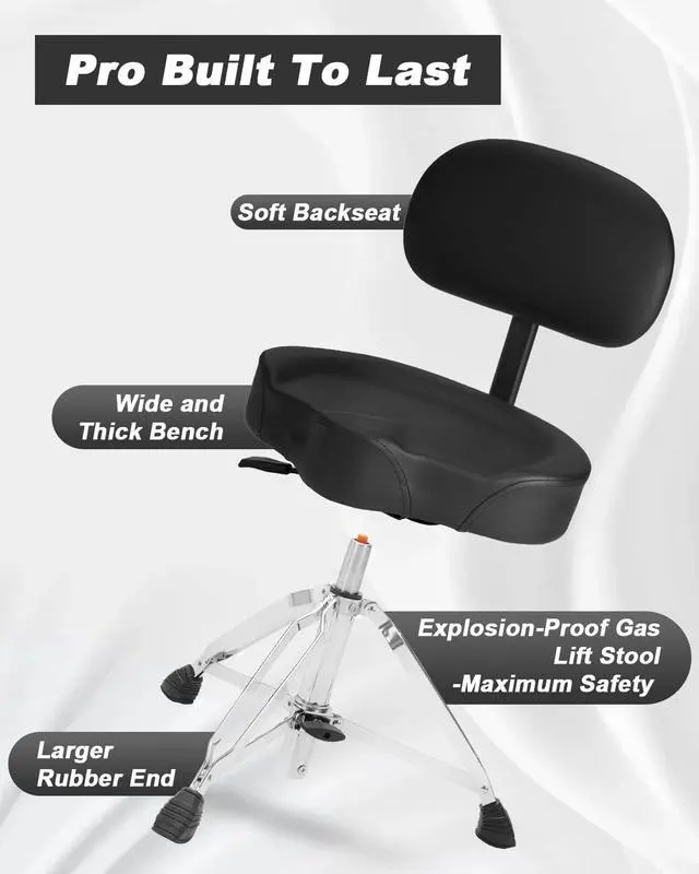Alt view image 4 of 7 - Hydraulic Drum Throne with Backrest, Saddle Drum Stool, Black | Adjustable backrest, pneumatic height control, padded saddle seat, reinforced tripod provide stable support up to 440 lb