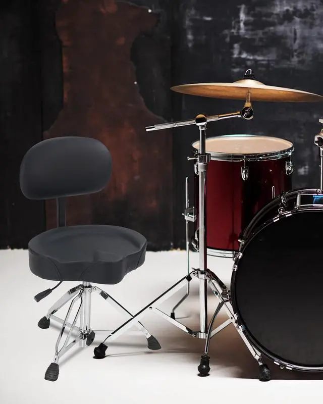Alt view image 2 of 7 - Hydraulic Drum Throne with Backrest, Saddle Drum Stool, Black | Adjustable backrest, pneumatic height control, padded saddle seat, reinforced tripod provide stable support up to 440 lb