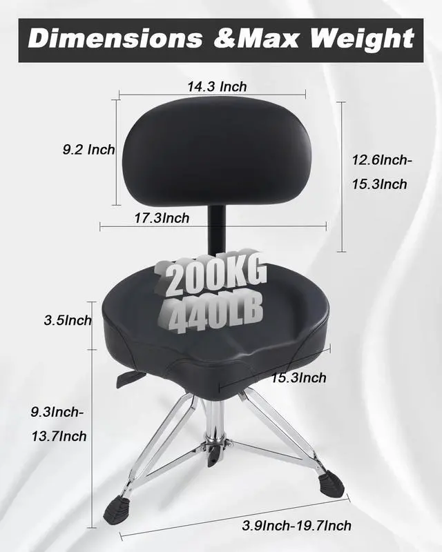 Alt view image 3 of 7 - Hydraulic Drum Throne with Backrest, Saddle Drum Stool, Black | Adjustable backrest, pneumatic height control, padded saddle seat, reinforced tripod provide stable support up to 440 lb