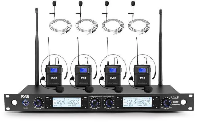 Main image of 4 Channel UHF Wireless Microphone System with 4 Lavalier & 4 Headset Mics, 300 Ft Range, Rack Mount Receiver for Conferences, Events & PA Systems