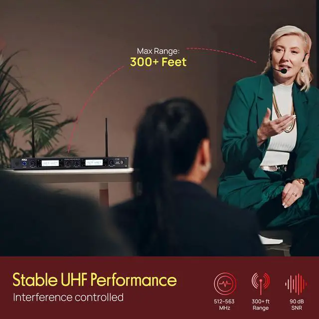 Alt view image 2 of 7 - 4 Channel UHF Wireless Microphone System with 4 Lavalier & 4 Headset Mics, 300 Ft Range, Rack Mount Receiver for Conferences, Events & PA Systems