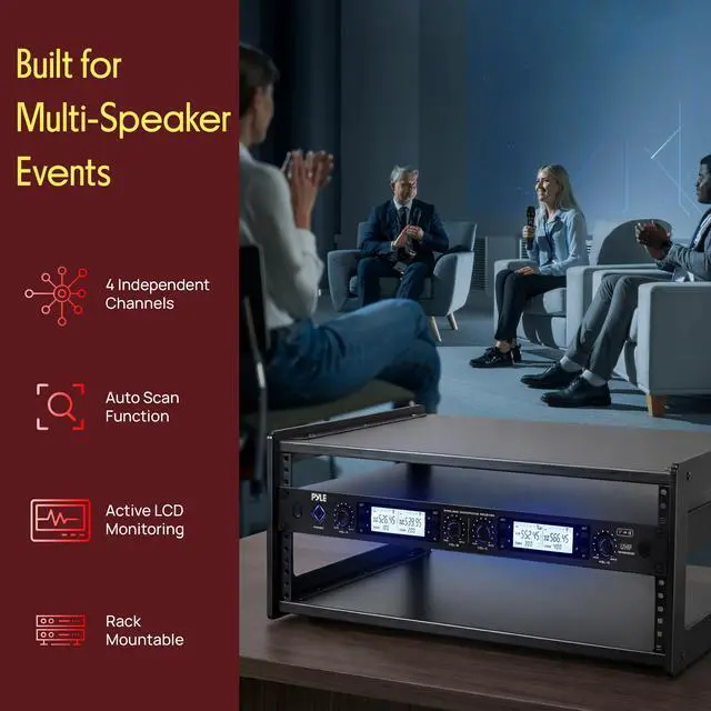 Alt view image 3 of 7 - 4 Channel UHF Wireless Microphone System with 4 Lavalier & 4 Headset Mics, 300 Ft Range, Rack Mount Receiver for Conferences, Events & PA Systems