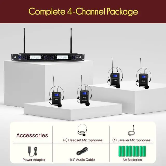 Alt view image 7 of 7 - 4 Channel UHF Wireless Microphone System with 4 Lavalier & 4 Headset Mics, 300 Ft Range, Rack Mount Receiver for Conferences, Events & PA Systems