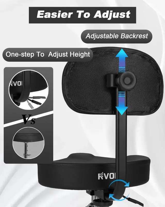 Alt view image 5 of 7 - Hydraulic Drum Throne with Backrest, Saddle Drum Stool, Black | Adjustable backrest, pneumatic height control, padded saddle seat, reinforced tripod provide stable support up to 440 lb
