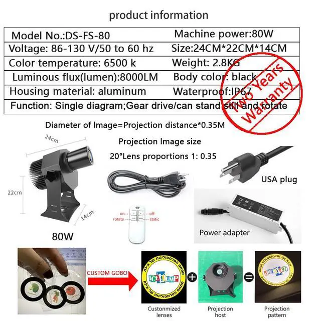Alt view image 2 of 7 - 80W LED Logo GOBO Projector Ip67 Waterproof DJ Effect Light Including Free Custom Glass GOBO to Project Image for Hotel Company Store Wedding Advertising Indoor and Outdoor Use (80W)