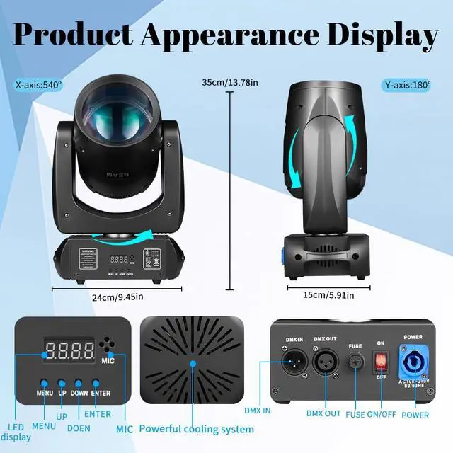 Alt view image 3 of 7 - 160W Moving Head Beam Light, DMX DJ Stage Light | 18-Facet Prism, 12 Gobos & 15 Colors, Sound Activated LED Beam Effect for Clubs, Bars, Parties and Stage Shows, 2 Pcs