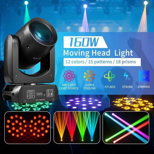 Alt view image 6 of 7 - 160W Moving Head Beam Light, DMX DJ Stage Light | 18-Facet Prism, 12 Gobos & 15 Colors, Sound Activated LED Beam Effect for Clubs, Bars, Parties and Stage Shows, 2 Pcs