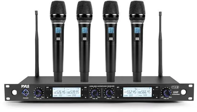 Main image of 4 Channel Wireless Microphone System with 4 Handheld Wireless Mics, UHF Cordless Microphones with Selectable Frequencies, Rack Mount Receiver for Karaoke, Church, DJ, Singing & PA Systems