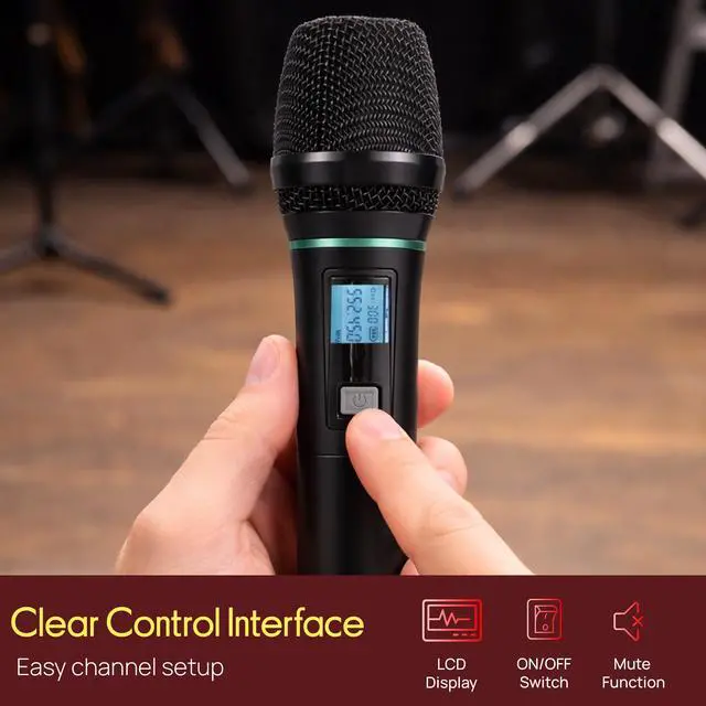 Alt view image 6 of 7 - 4 Channel Wireless Microphone System with 4 Handheld Wireless Mics, UHF Cordless Microphones with Selectable Frequencies, Rack Mount Receiver for Karaoke, Church, DJ, Singing & PA Systems