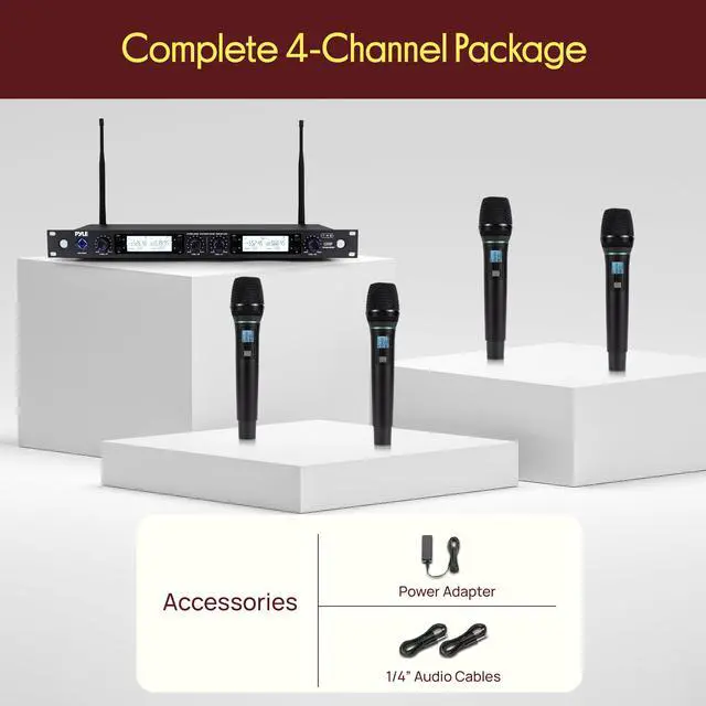 Alt view image 7 of 7 - 4 Channel Wireless Microphone System with 4 Handheld Wireless Mics, UHF Cordless Microphones with Selectable Frequencies, Rack Mount Receiver for Karaoke, Church, DJ, Singing & PA Systems